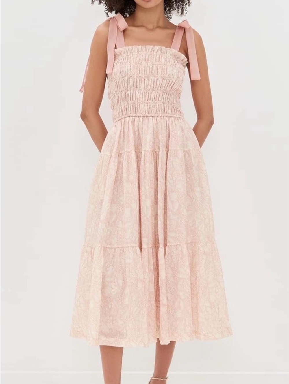 En Saison Geraldine Maxi Dress Light Blush Tie-Shoulder Smocked